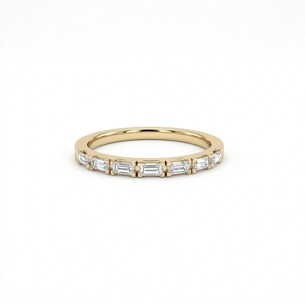 Virel Baguette Cut Diamond Band in 14K yellow gold, front view showing 7 bar-set baguette lab diamonds in 3/4 setting on 1.8mm slim band