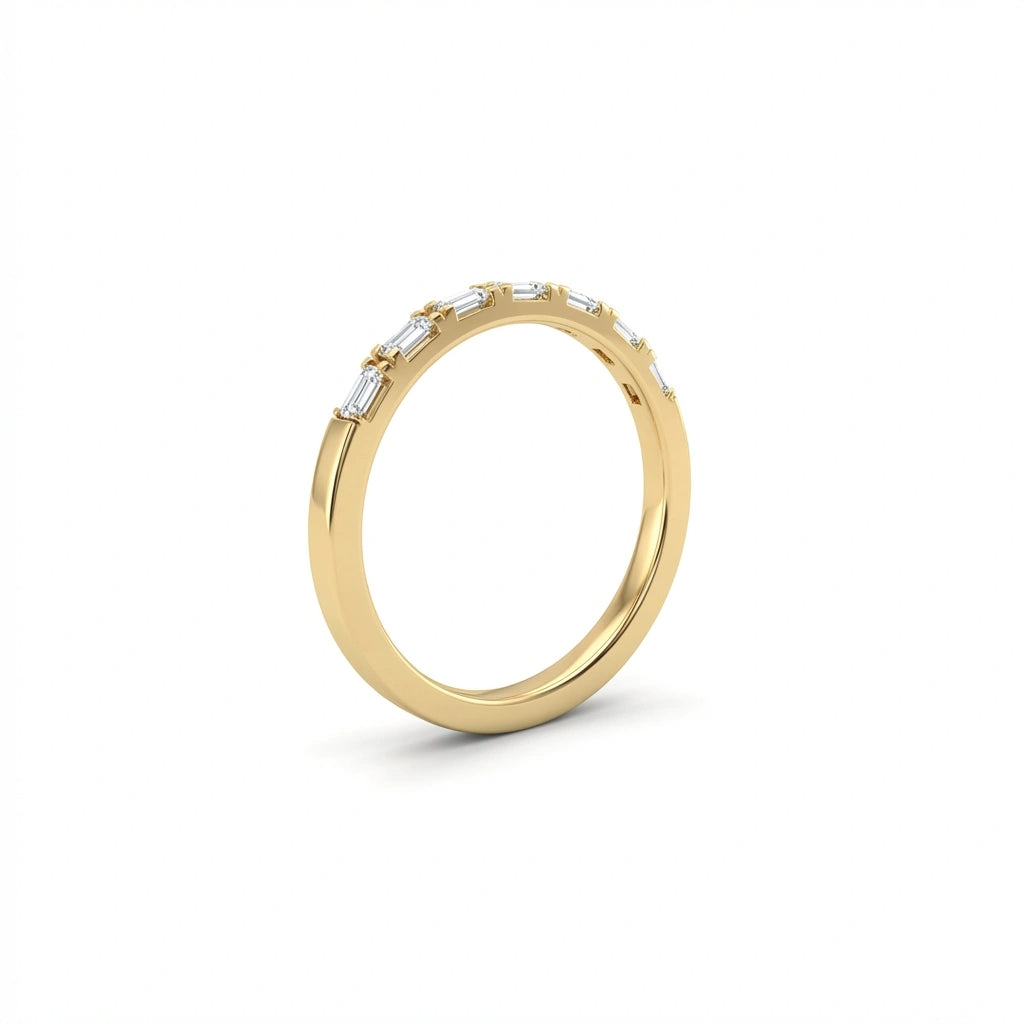 Virel Baguette Cut Diamond Band in 14K yellow gold, side view showing profile of 1.8mm slim band with bar-set baguette diamonds and plain gold shank