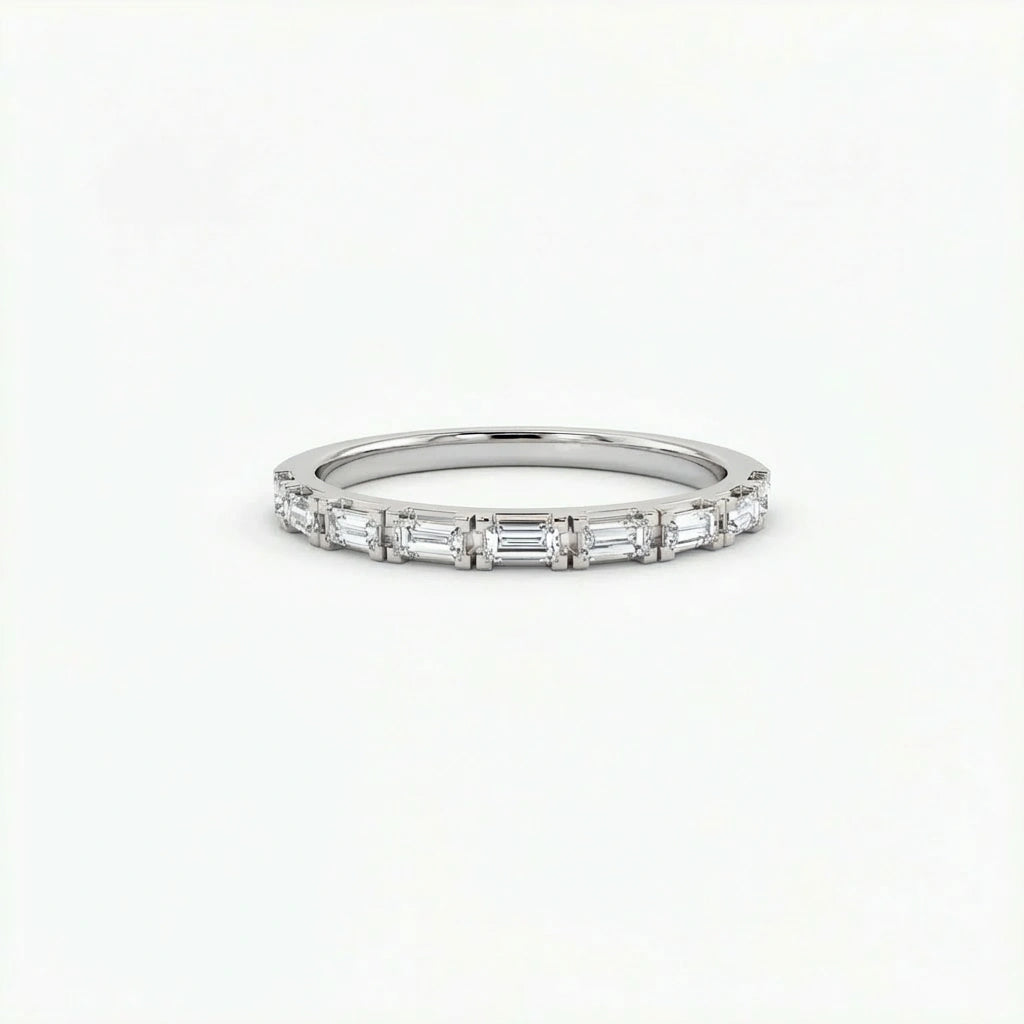Virel Baguette Diamond Half Eternity Band in 14K white gold, front view showing horizontal bar-set baguette lab diamonds across top half of slim band
