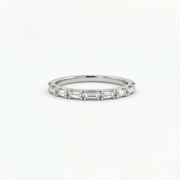 Virel Baguette Diamond Half Eternity Band in 14K white gold, front view showing horizontal bar-set baguette lab diamonds across top half of slim band