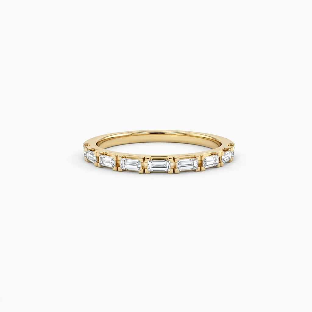 Virel Baguette Diamond Half Eternity Band in 14K yellow gold, front view showing horizontal bar-set baguette lab diamonds across top half of slim band