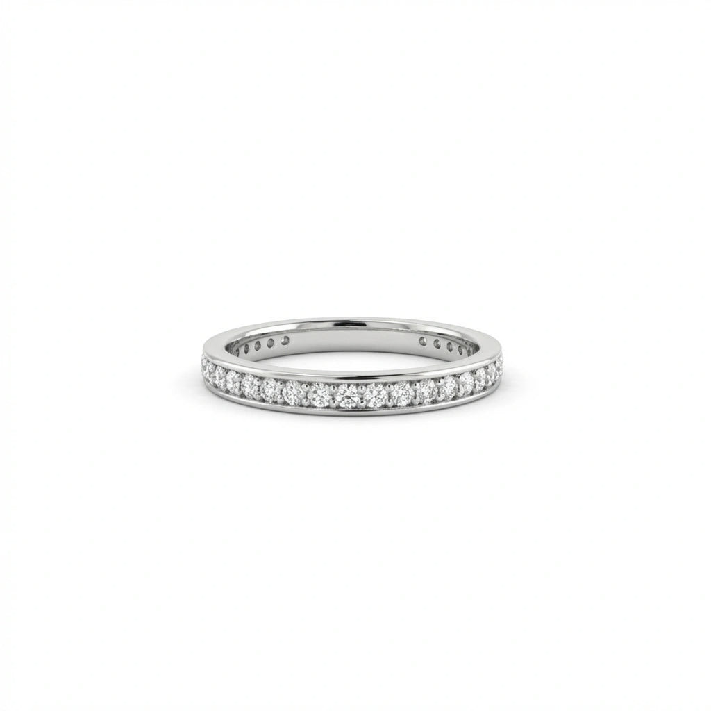 Virel Pavé Diamond Eternity Band in 14K white gold, front view showing continuous round brilliant lab diamonds pavé-set all the way around the full band