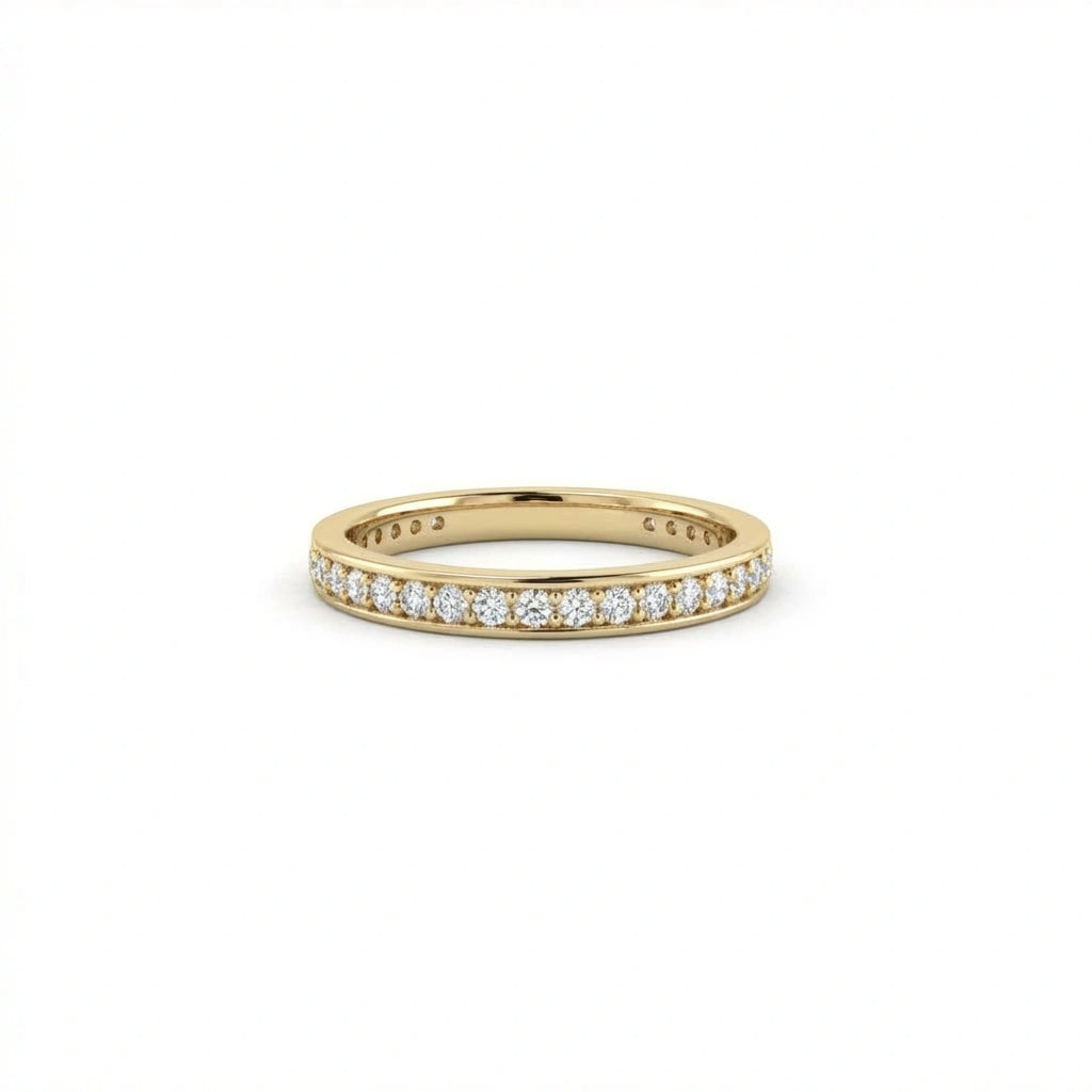 Virel Pavé Diamond Eternity Band in 14K yellow gold, front view showing continuous round brilliant lab diamonds pavé-set all the way around the full band