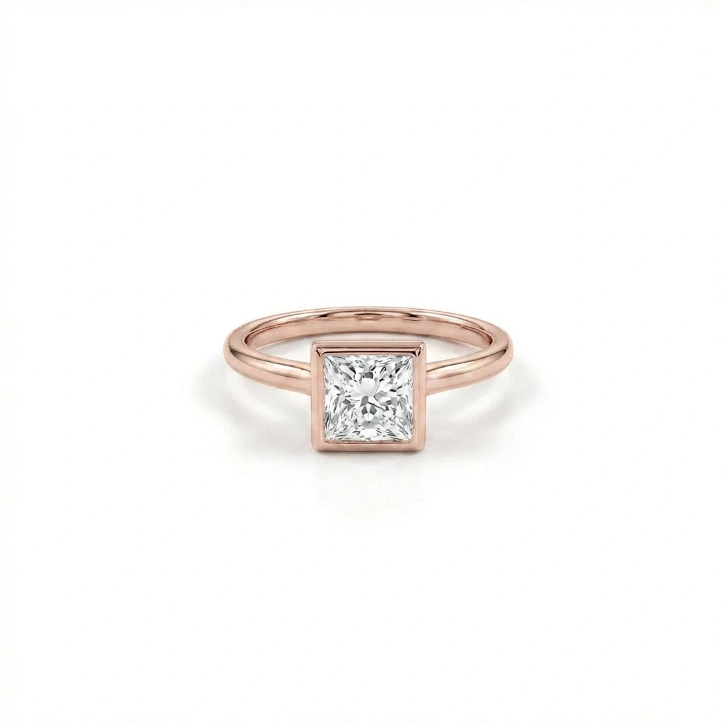 Virex princess cut diamond ring in solid 14K rose gold with modern bezel setting and minimalist band