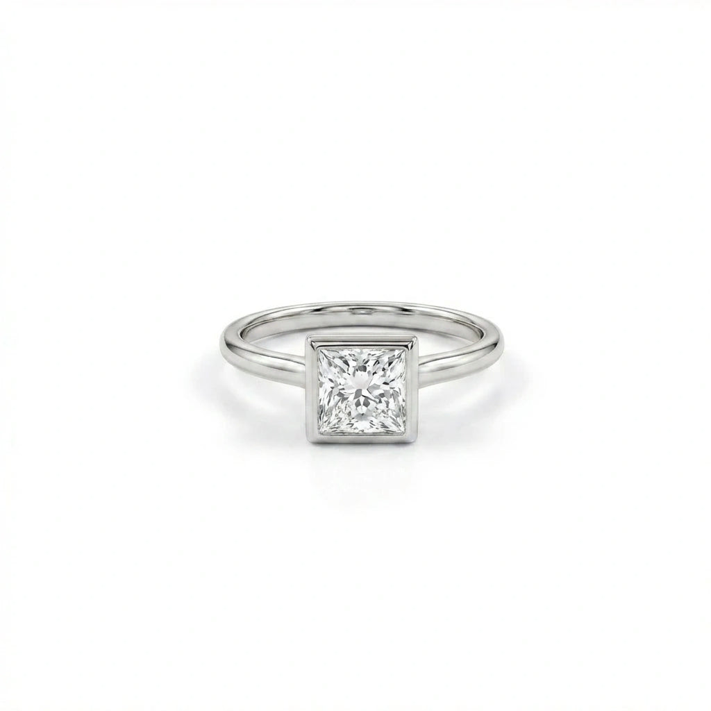 Virex princess cut diamond ring in solid 14K white gold with square bezel setting and slim polished band