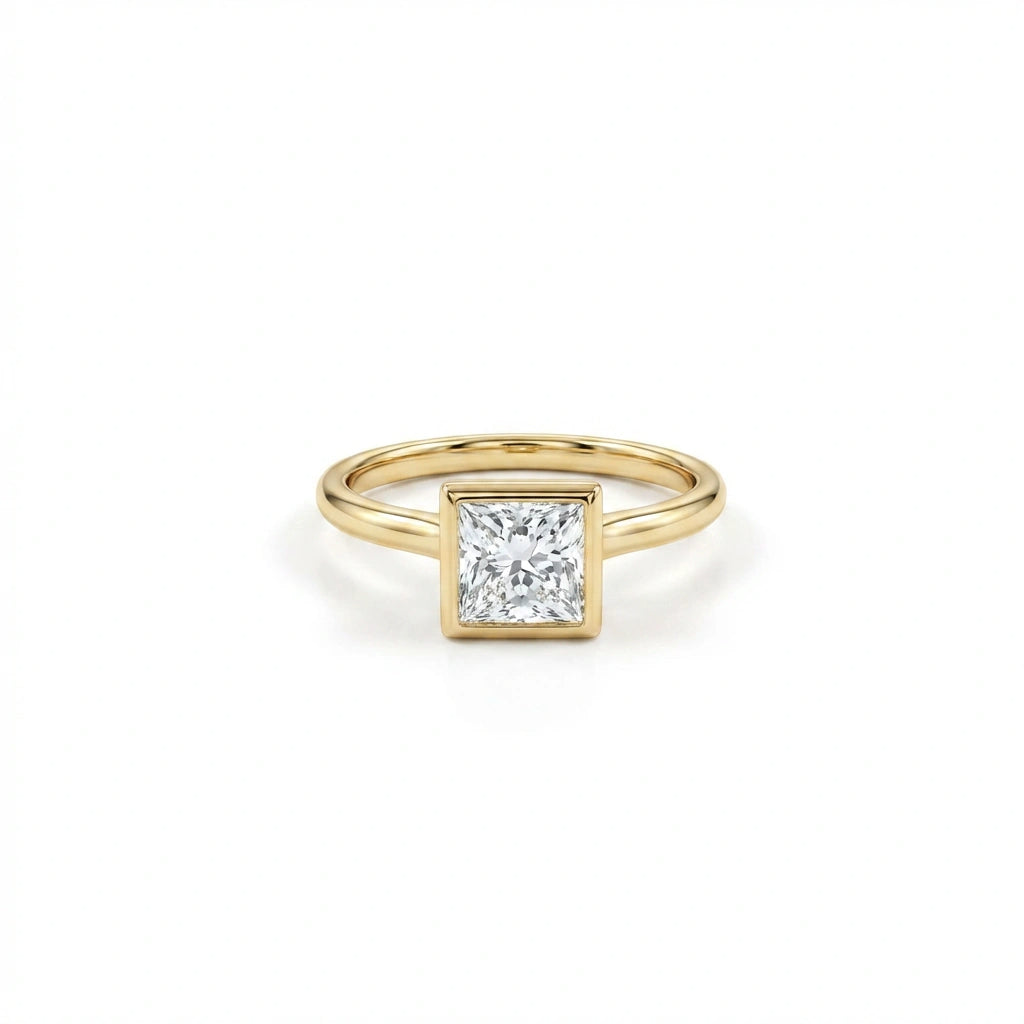 Virex princess cut diamond ring in solid 14K yellow gold with bezel set square center stone and classic band