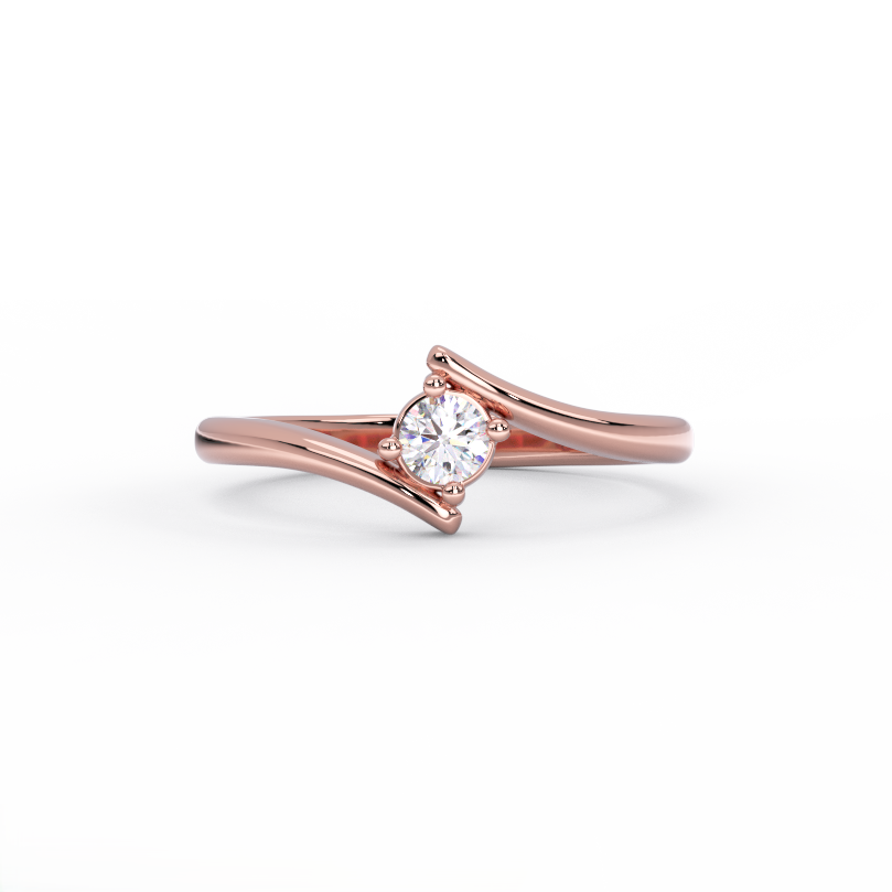 wave bypass solitaire diamond ring in 14k rose gold front view
