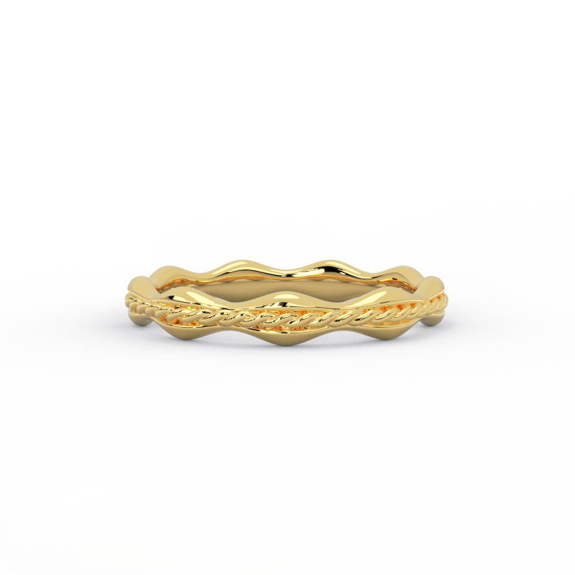 Wave rope wedding band in solid 14K yellow gold with organic wave profile