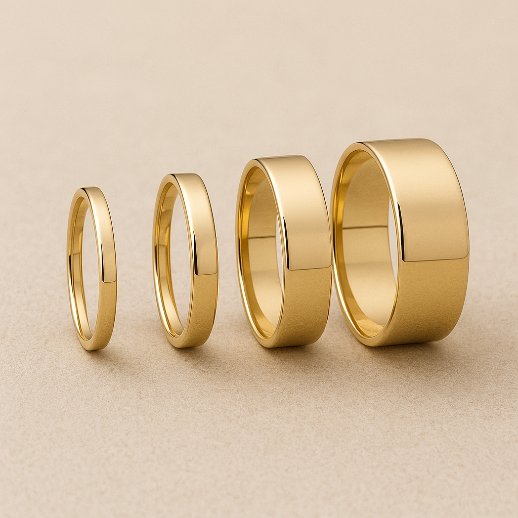 Technical comparison of 14K gold wedding band widths showing 4mm, 5mm, and 6mm bands side by side