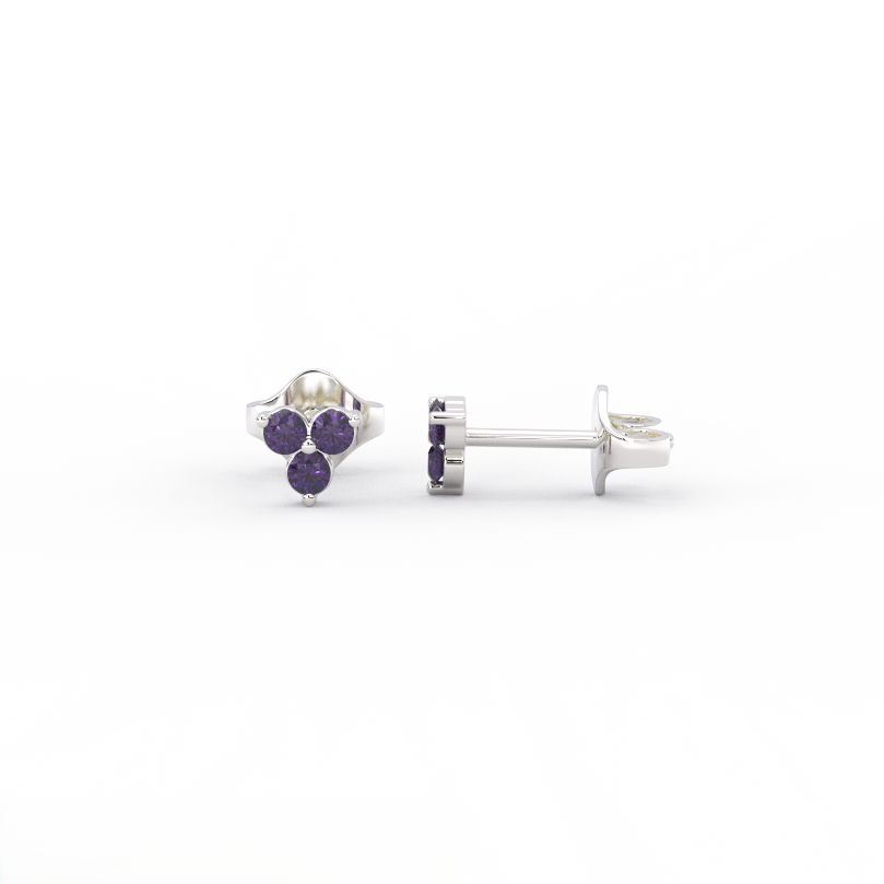 14K white gold amethyst cluster stud earrings with three round violet stones