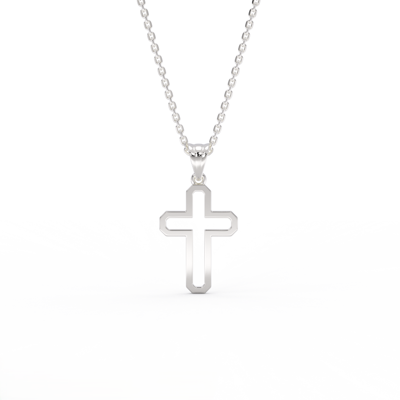 The Faithline Cross necklace in white 14K gold with modern beveled open-frame design, handcrafted in NYC