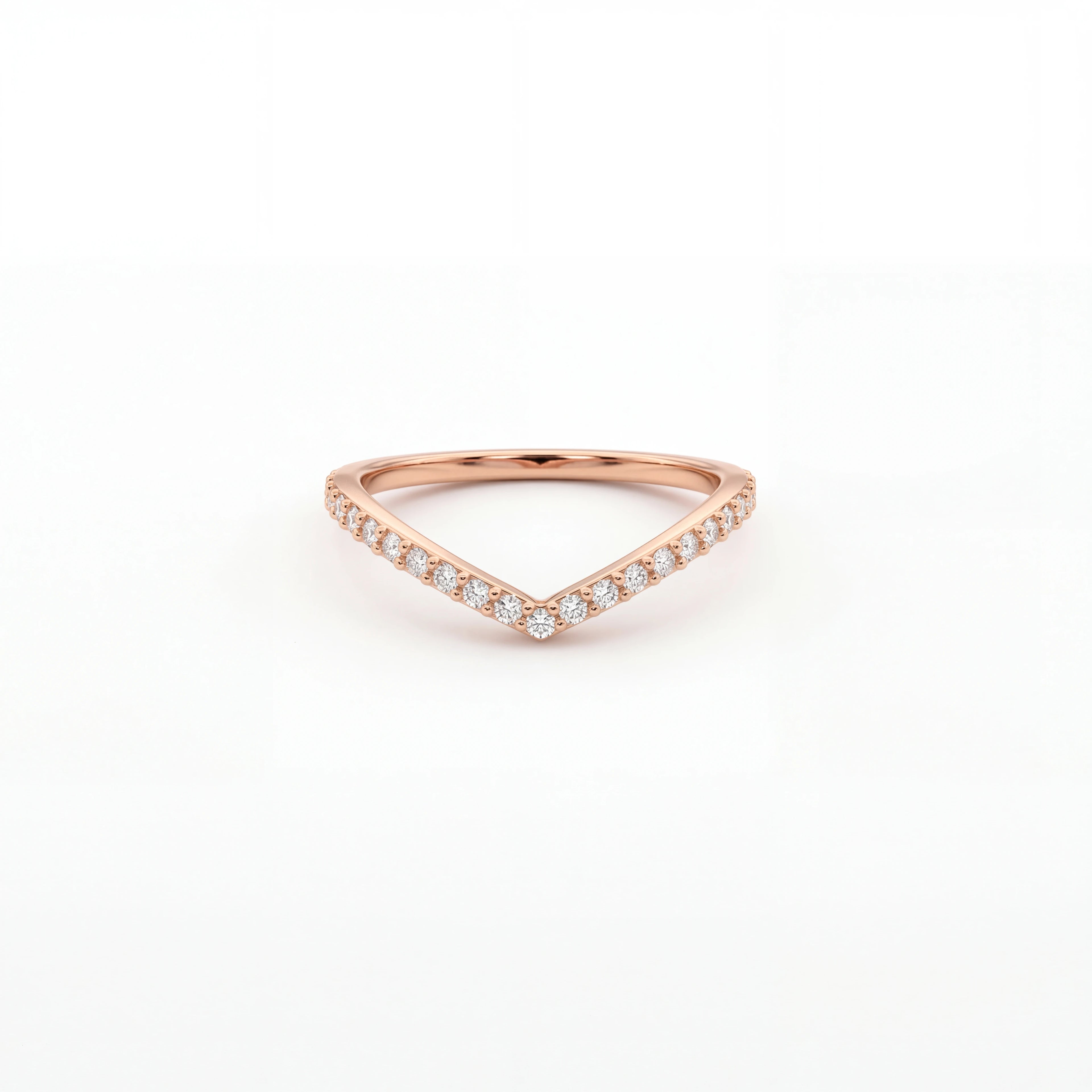 Wishbone pavé diamond wedding band in 14K rose gold, front view — Black Pearl of Queens