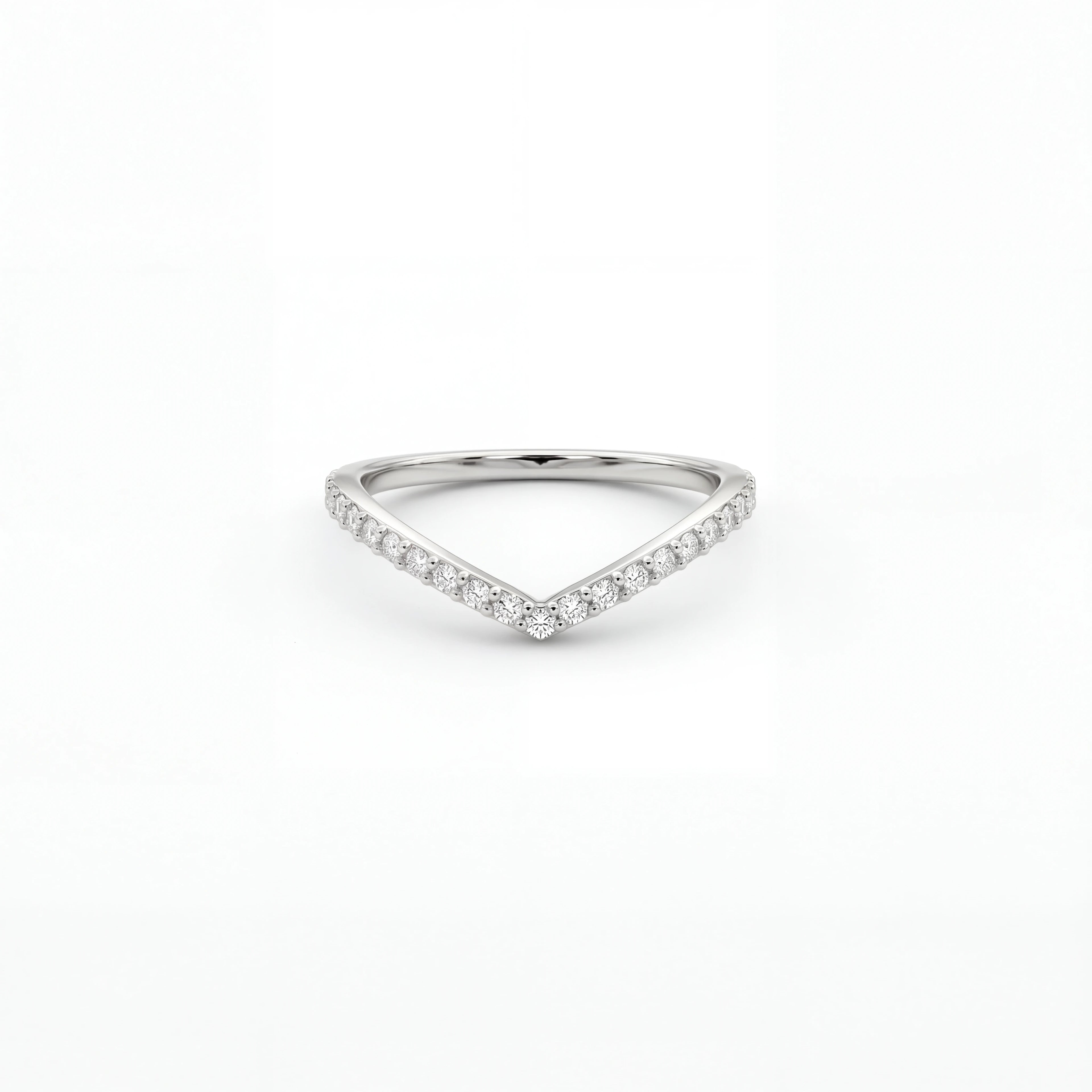 Wishbone pavé diamond wedding band in 14K white gold, front view — Black Pearl of Queens