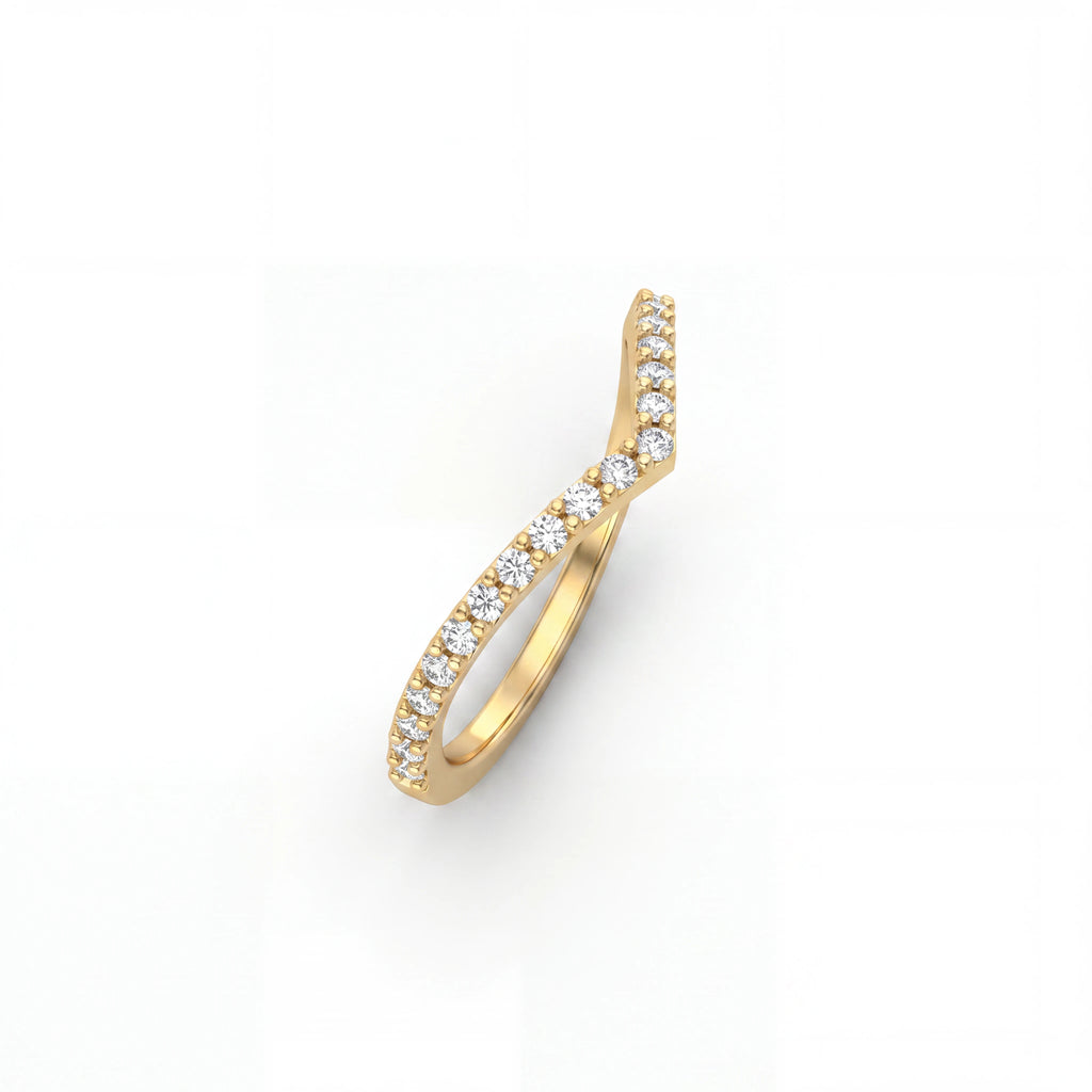Wishbone pavé diamond wedding band in 14K yellow gold, angled view showing the full band shape — Black Pearl of Queens