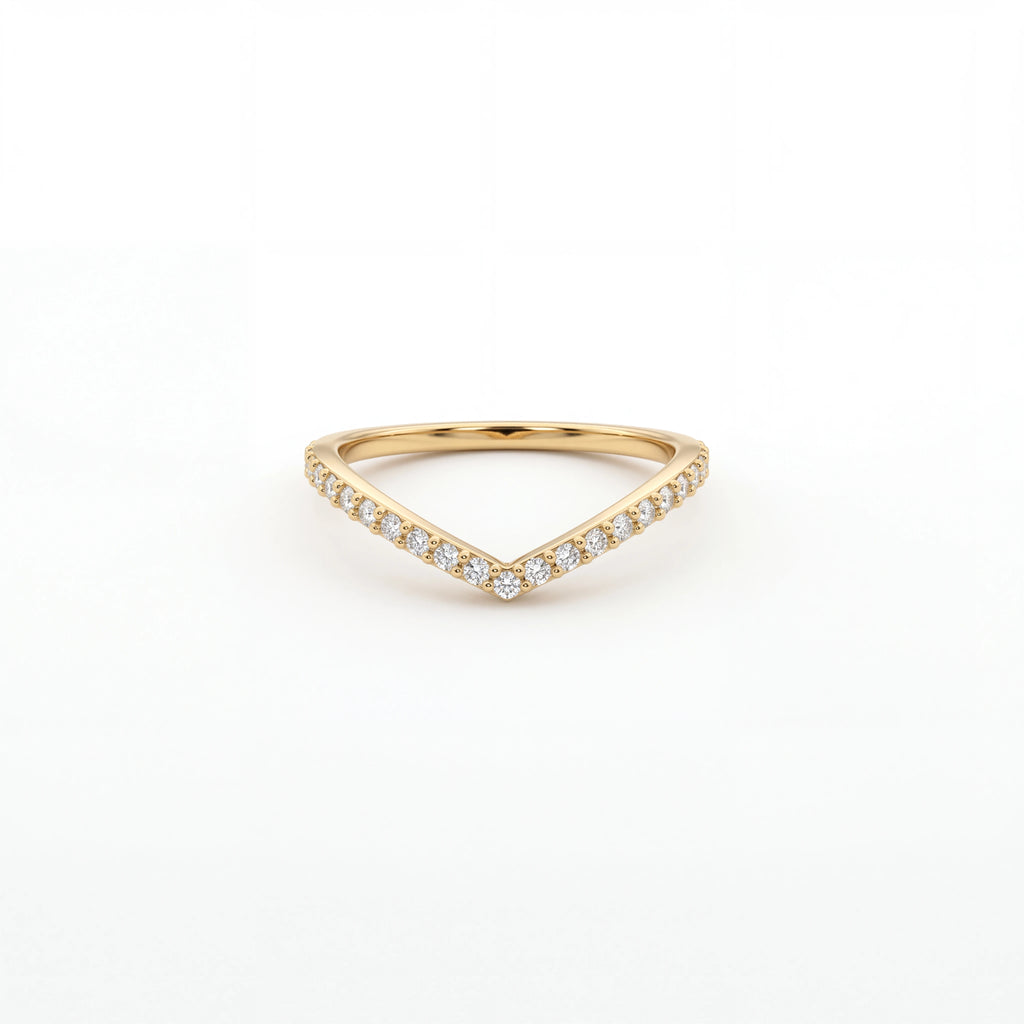 Wishbone pavé diamond wedding band in 14K yellow gold, front view showing the sharp V shape — Black Pearl of Queens