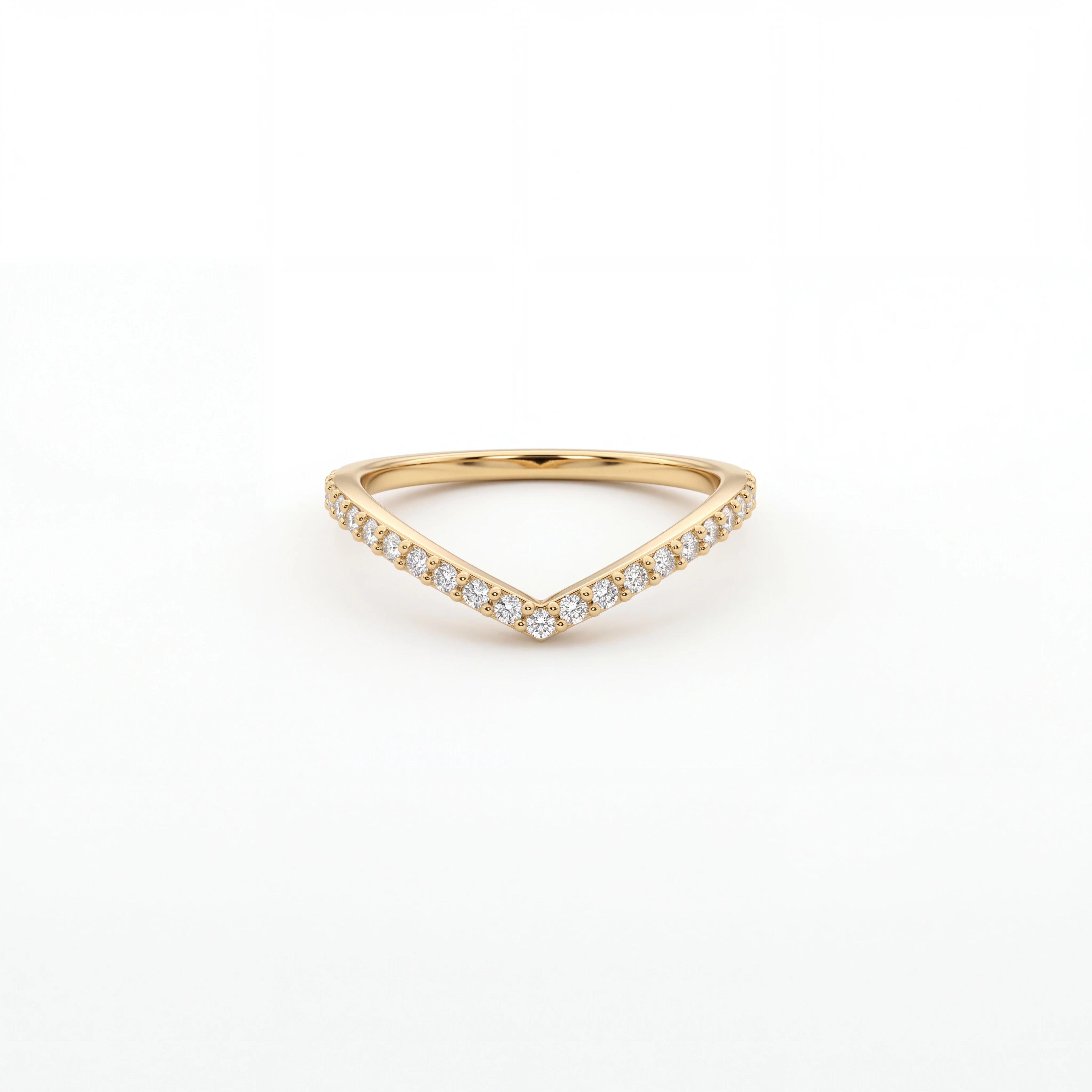 Wishbone pavé diamond wedding band in 14K yellow gold, front view showing the sharp V shape — Black Pearl of Queens