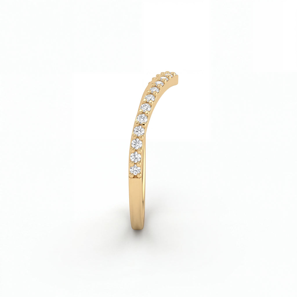 Wishbone pavé diamond wedding band in 14K yellow gold, side profile showing the V shape and diamond row — Black Pearl of Queens