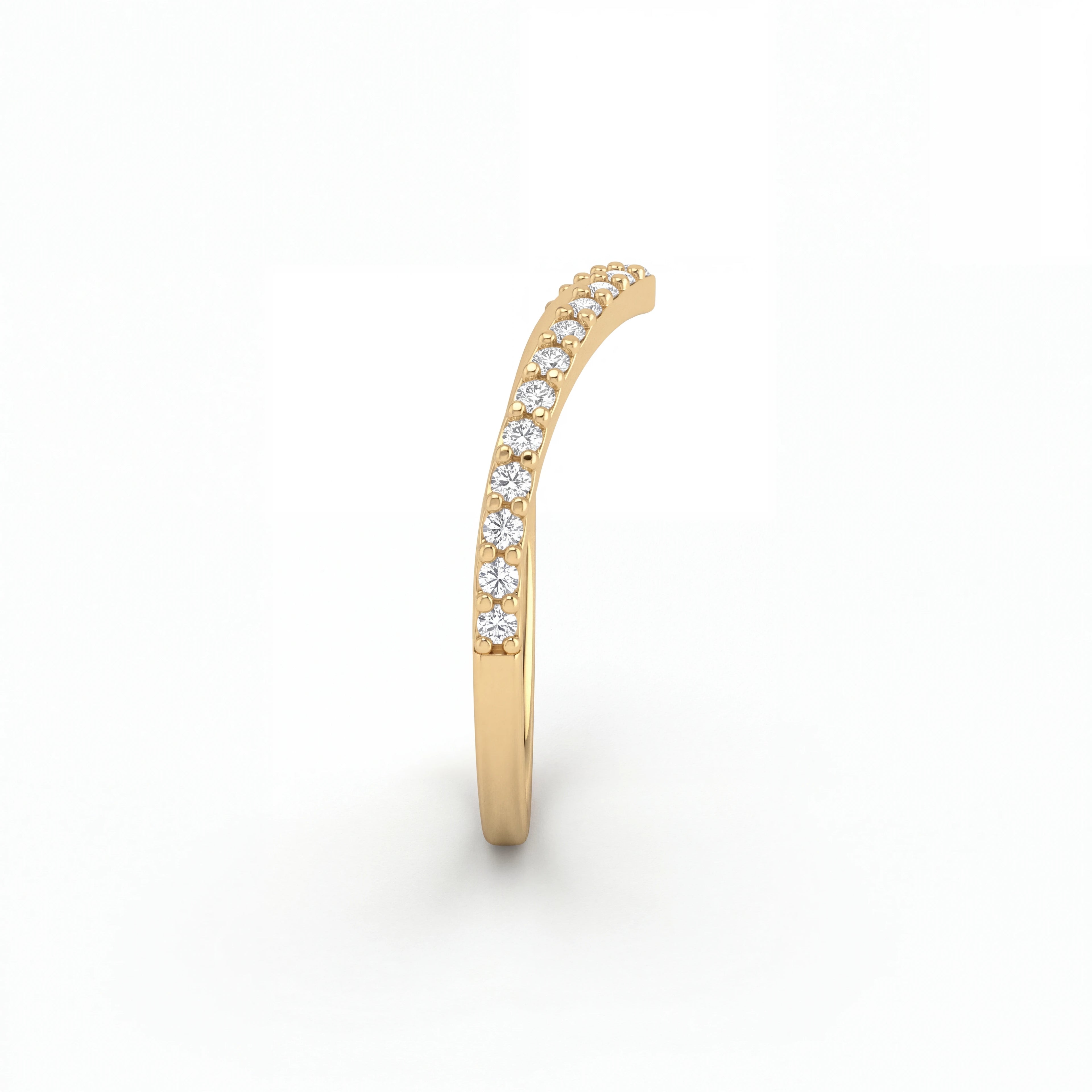 Wishbone pavé diamond wedding band in 14K yellow gold, side profile showing the V shape and diamond row — Black Pearl of Queens