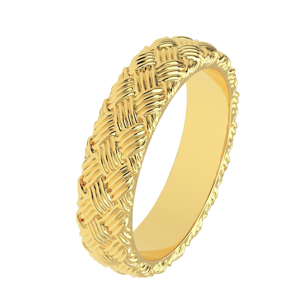 Handcrafted woven gold wedding ring photographed on white background