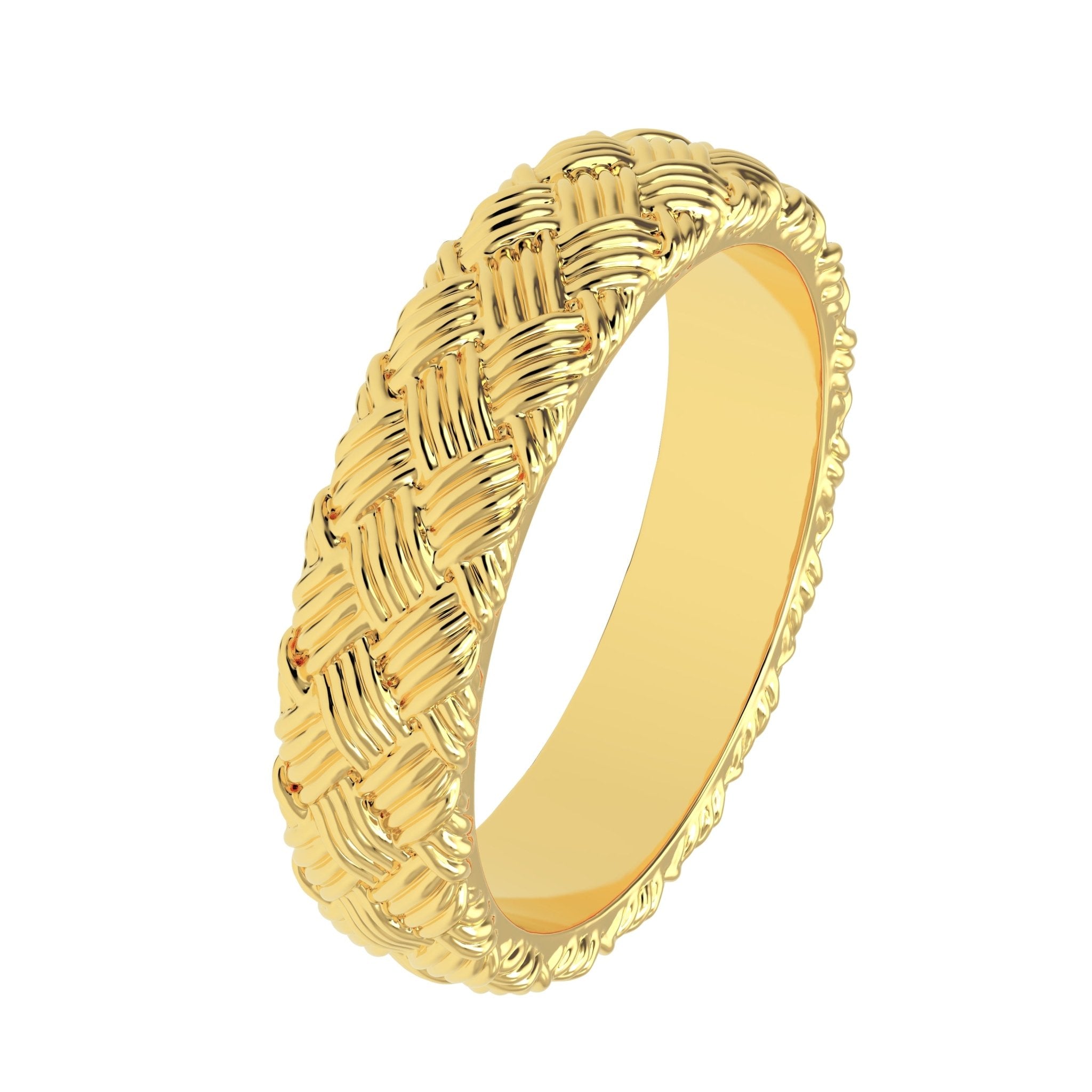 Handcrafted woven gold wedding ring photographed on white background