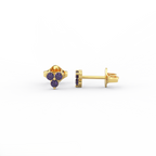 14K yellow gold amethyst cluster stud earrings with three round purple gemstones