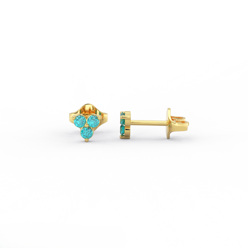 14K yellow gold aquamarine cluster stud earrings with three round light blue gemstones