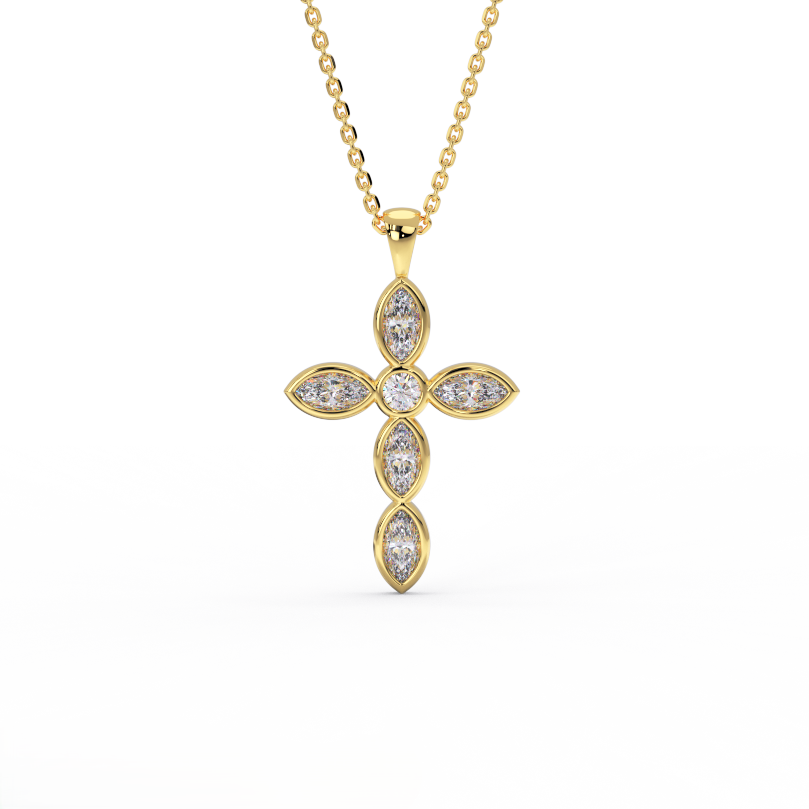 14K yellow gold marquise diamond cross pendant necklace
