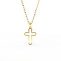 The Faithline Cross necklace in yellow 14K gold with modern beveled open-frame design, handcrafted in NYC