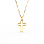 The Faithline Cross necklace in yellow 14K gold with modern beveled open-frame design, handcrafted in NYC