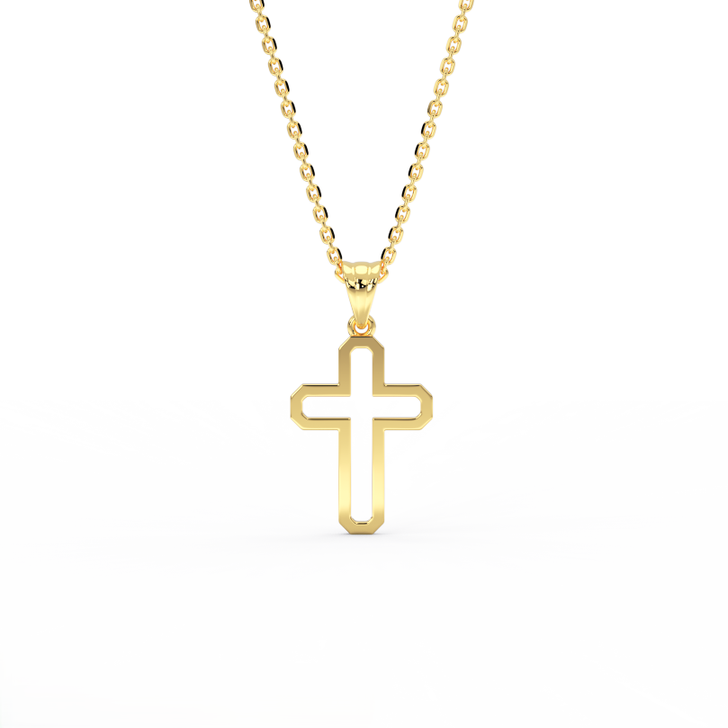 The Faithline Cross necklace in yellow 14K gold with modern beveled open-frame design, handcrafted in NYC