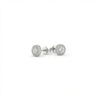 Zirelle diamond halo stud earrings in solid white gold featuring round center diamond with pavé halo