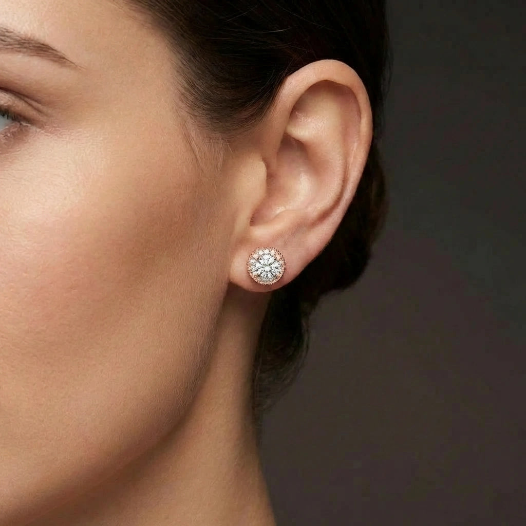 Woman wearing Zirelle diamond halo stud earrings in white gold with round brilliant diamond and halo design