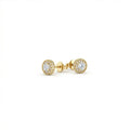 Zirelle diamond halo stud earrings in solid yellow gold with round brilliant diamond center and halo setting