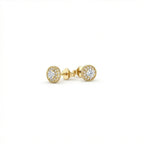 Zirelle diamond halo stud earrings in solid yellow gold with round brilliant diamond center and halo setting