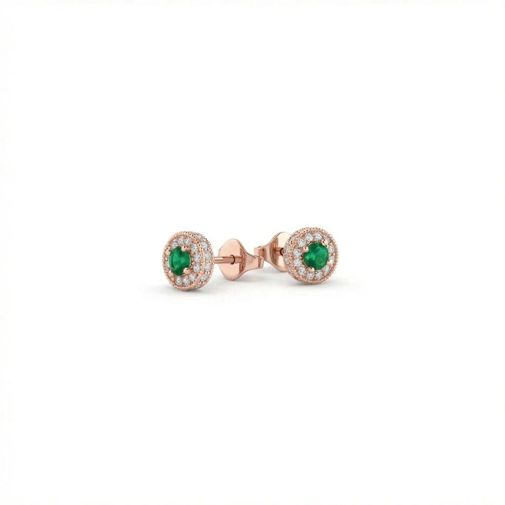 Zirelle emerald halo stud earrings in solid rose gold showcasing round emerald gemstones with diamond halo setting