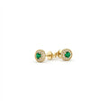 Zirelle lab emerald halo stud earrings in 14K white gold with round emerald center and pave diamond halo