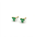 Zirelle emerald cluster stud earrings in solid yellow gold with three round emerald stones in triad design