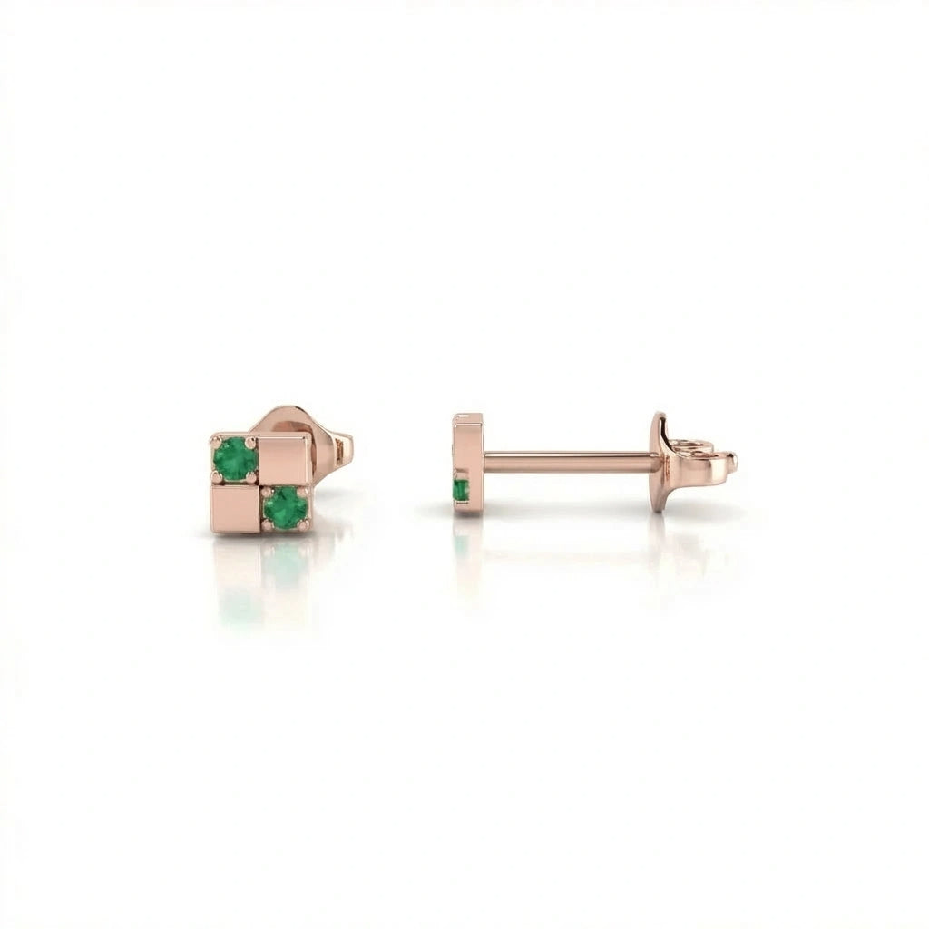Zyven emerald matrix stud earrings in solid rose gold with minimalist square matrix design and green emeralds