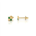 Zyven emerald matrix stud earrings in solid yellow gold with modern grid pattern and emerald gemstones